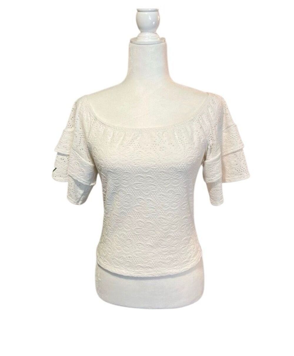 Rock & Republic White eyelet wide neck contoured top  with tiered bell sleeves -